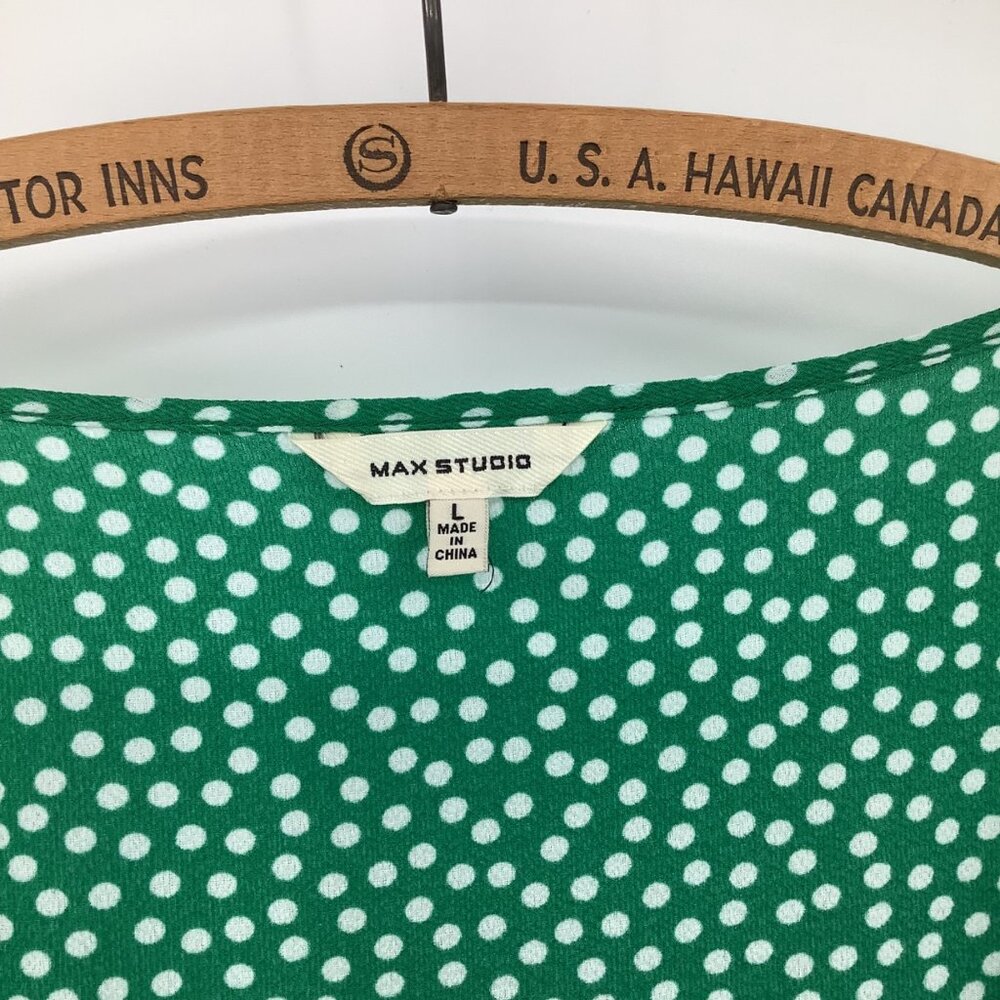 Max Studio Midi Wrap Dress Large With Ruffle Sleeves & Tie Waist Green Polka Dot - Picture 5 of 7